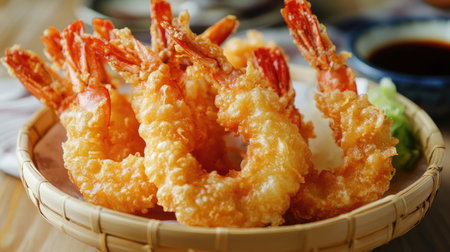Crisp and golden Japanese tempura, with perfectly seasoned batter encasing tender seafood and vegetablesの素材
