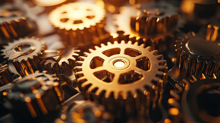 Close-up view of interlocking gears with a gold finish, illuminated by a soft glowing background.の素材