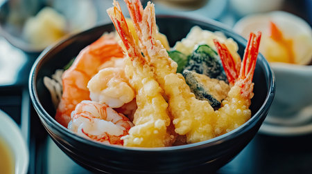 Crisp and golden Japanese tempura, with perfectly seasoned batter encasing tender seafood and vegetablesの素材