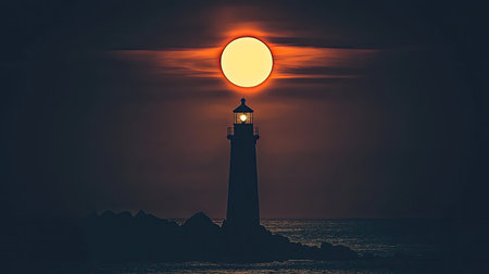Eerie silhouette of a lighthouse during a solar eclipse, where the dark sky and glowing edges of the sun createの素材