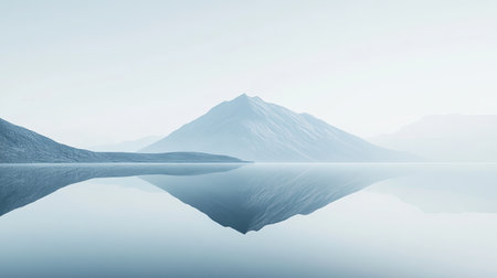 Abstract minimalist digital landscape with a mountain reflected in a calm, mirror-like lake,の素材