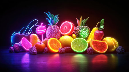 Bright neon fruits with nutrition symbols, each fruit glowing with vibrant colors,の素材