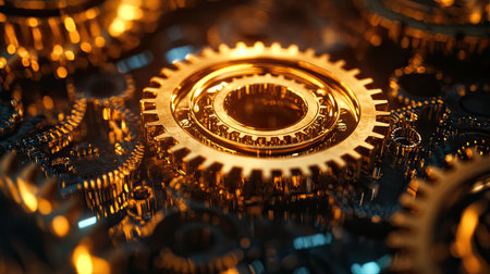 Close-up of intricately designed gears with a golden sheen, set against a luminous backgroundの素材