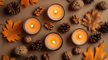 Autumn-inspired flat lay featuring candles, walnuts, and pine cones on a craft paper backdropの素材