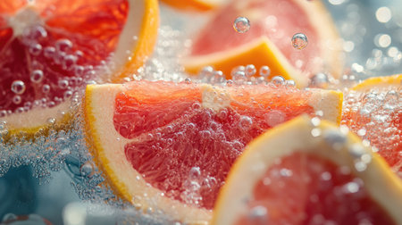 Close-up of pink grapefruit slices floating in bubbly water, with the bright citrus colorsの素材