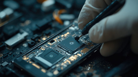 Close-up shot of a technician carefully replacing a damaged camera module on a smartphone,の素材
