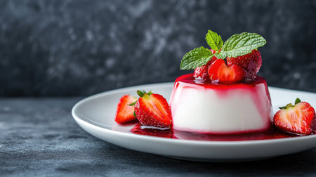 Delicate Strawberry Panna Cotta on a sleek white plate, with vibrant strawberries and a touch of mint,の素材