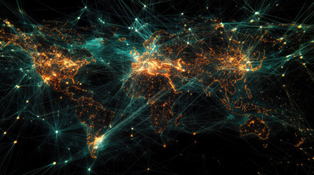 Global network map with bright digital connections, symbolizing the integration of technologyの素材