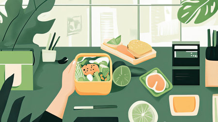 Illustration of a person enjoying lunch from a reusable container at their workplace,の素材