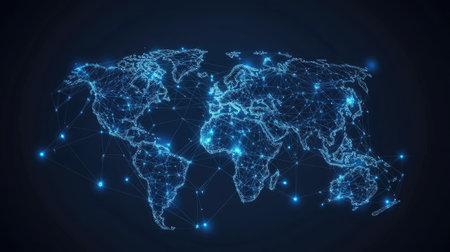 Global network map with bright digital connections, symbolizing the integration of technologyの素材