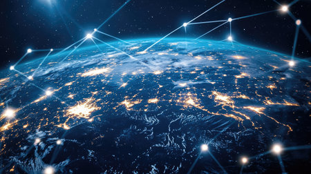 Illustration of a global network with interconnected lines and nodes,の素材