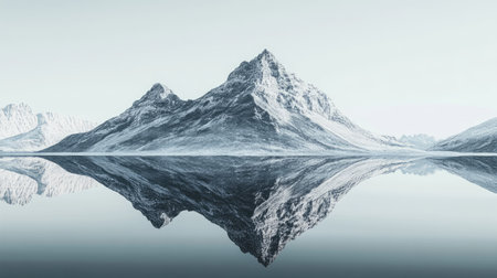 Minimalist digital artwork showing a mountain's reflection in a perfectly still lake,の素材