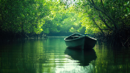 Serene image of a rowboat moving through calm waters in a mangrove forest, surrounded by dense foliage and reflected greeneryの素材