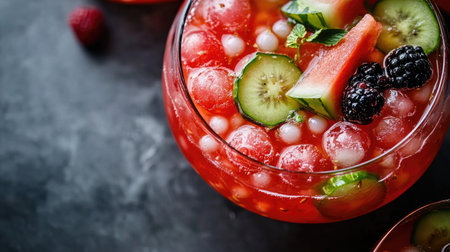 Traditional Korean Subak Hwachae, a watermelon punch with fruits and tapioca pearls,の素材