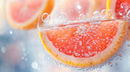 Close-up of pink grapefruit slices floating in bubbly water, with the bright citrus colorsの素材
