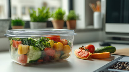 Reusable lunch container on a work desk, with healthy food items inside, emphasizing the importanceの素材