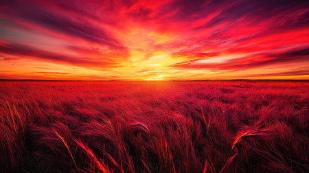 Vibrant red grass field stretching under a dramatic sunset sky, with deep orange and pink hues illuminating the horizonの素材