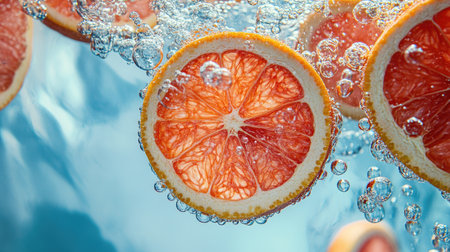 Slices of fresh pink grapefruit floating in clear water, surrounded by bubbles,の素材