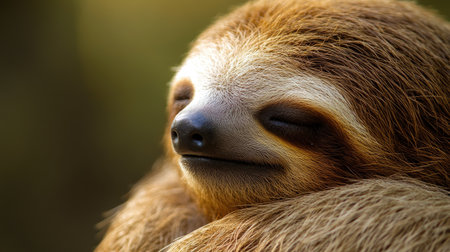 Portrait of a sleepy sloth with a calm, relaxed expression, photographed in close-up detail,の素材