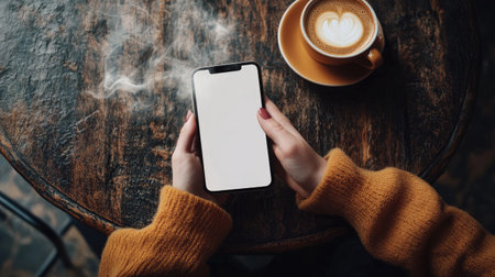 Top view of a woman's hand gripping a mobile phone with a white blank screen, accompanied by a steaming cupの素材