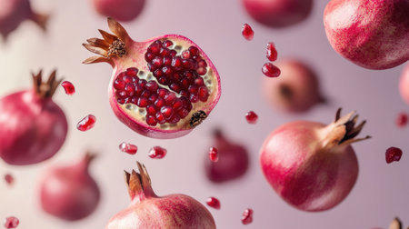 Vibrant pomegranates with seeds flying in the air against a lilac background,の素材