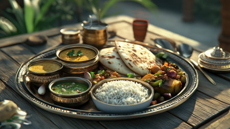 Realistic 3D render of a traditional Indian thali, complete with diverse dishes and rice, set on a rustic tableの素材