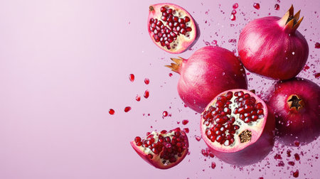 Vibrant pomegranates with seeds flying in the air against a lilac background, creating a dynamic image with ample copy spaceの素材