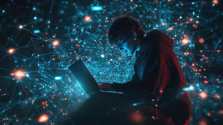 Person working on a laptop with a mobile phone, surrounded by glowing network connectionsの素材