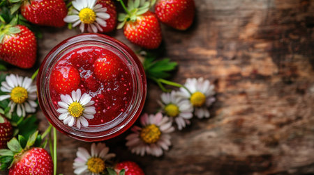 Top view of a jar of homemade strawberry jam, surrounded by fresh strawberries and delicate summer flowersの素材