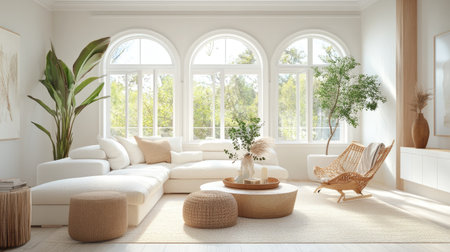 A bright, airy living room with neutral tones and cozy textures, blending modern style with comfort in a serene environmentの素材