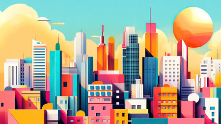A city filled with vibrant colors and geometric designs, with playful, modern architecture under a bright, clear skyの素材