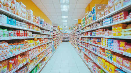 A bright supermarket aisle filled with a diverse assortment of products, showcasing the variety available in modern shoppingの素材