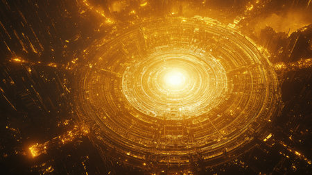 A circular city glowing with golden lights, viewed from above with intricate details and a bright, luminous centerの素材