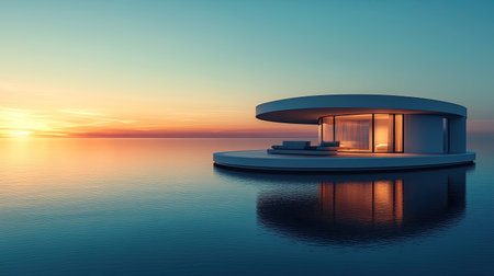 A circular platform of modern architecture floats above serene blue water at sunset, offering a tranquil and elegant sceneの素材