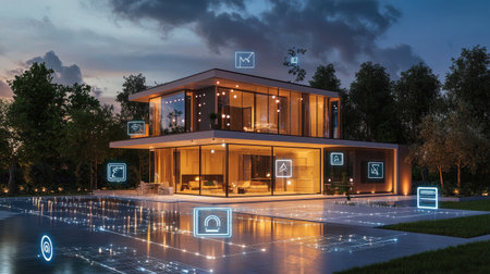 A modern smart home illuminated at dusk, surrounded by digital connectivity symbols,の素材