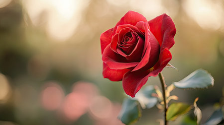 A close-up of a single red rose in full bloom, capturing the delicate beauty and rich color against a soft backgroundの素材