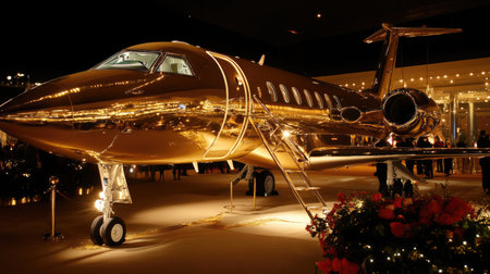 A luxurious golden jet on display in a lavish interior during a spectacular nighttime event,の素材