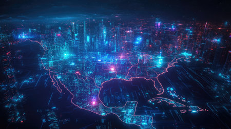 A futuristic digital map of North America with glowing cityscapes and technological elements,の素材
