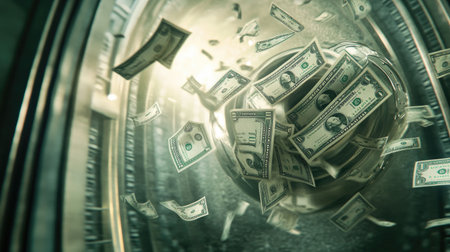 A flurry of dollar bills flying inside a bank vault, symbolizing secure wealth and financial transactions.の素材