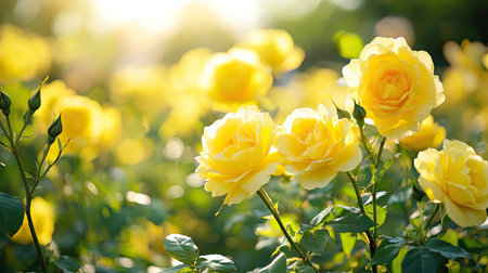 A field of yellow roses under the bright sun, showcasing the cheerful and vibrant nature of these beautiful flowersの素材