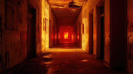 A corridor in an abandoned building bathed in fiery light, exuding mystery and intrigue during the quiet, enigmatic eveningの素材