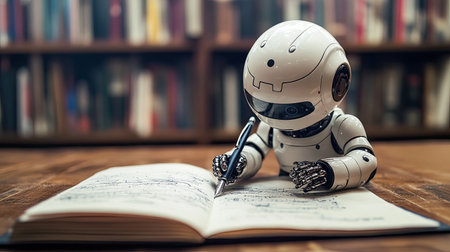 A robot resembling ChatGPT writing on paper with a pen, bridging the gap between AI and traditional learningの素材