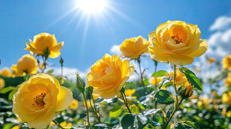 A field of yellow roses under the bright sun, showcasing the cheerful and vibrant nature of these beautiful flowersの素材