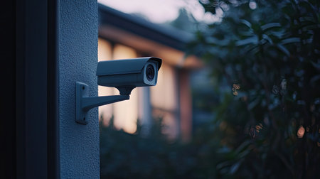 A lone CCTV camera standing guard outside a home, monitoring safety and providing security for the residential propertyの素材
