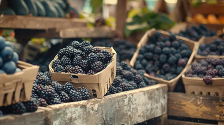 Vintage hipster style market scene with fresh blackberries in paper boxes, highlighting local and organic produce.の素材