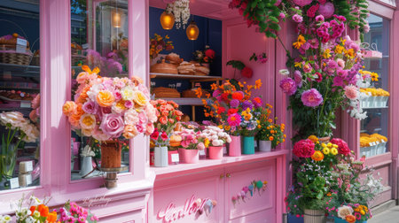 Peggy Porschen bakery adorned with vibrant flowers for the Chelsea in Bloom annual floral exhibition, located in Belgravia.の素材