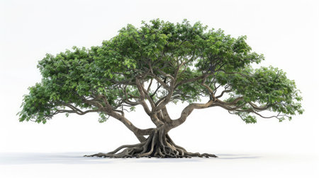 Majestic Chamchuri tree with a thick trunk and gracefully spreading branches and leaves, set against a clean white background.の素材