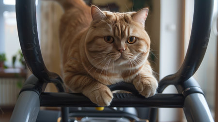 Adorable fat cat having a hard time on an exercise machine, creating a cute and funny moment. Perfect for playful and pet-themed stock photo needs.の素材