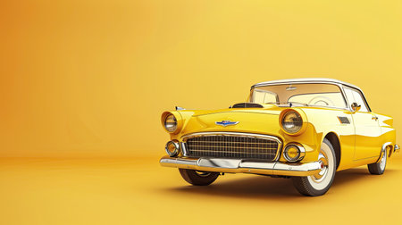 Retro vintage yellow car model, luxurious transportation with chic style, set against a gradient yellow background. Perfect for automotive-themed designs.の素材