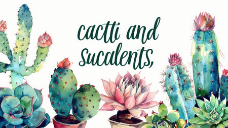 Watercolor cacti and succulents collection on a white background, with text "cacti and succulents," showcasing vibrant and detailed illustrations.の素材